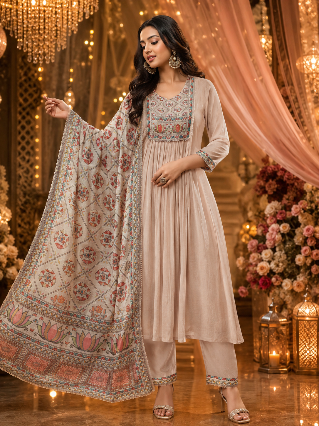 Wow Mul chanderi paired with a pretty preying dupatta in nude pinkFull suit set