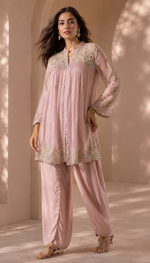 Premium chinon handwork with intricate handwork Co ord in nude pink
