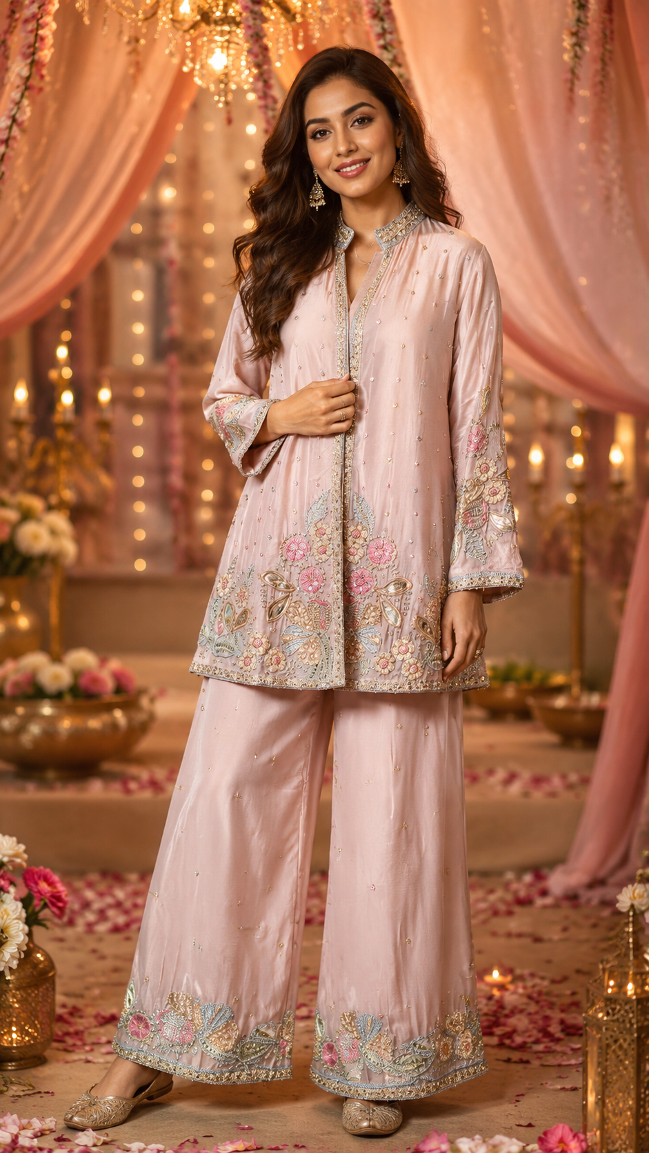 Premium chinon with pretty handwork and gotta detailing Co ord