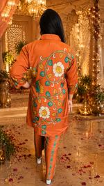 Pretty kalamkari front n back designer mul silk co ord in orange (slim fit)