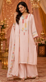 Premium Mul chanderi with pretty embroidery lining full suit in baby pink