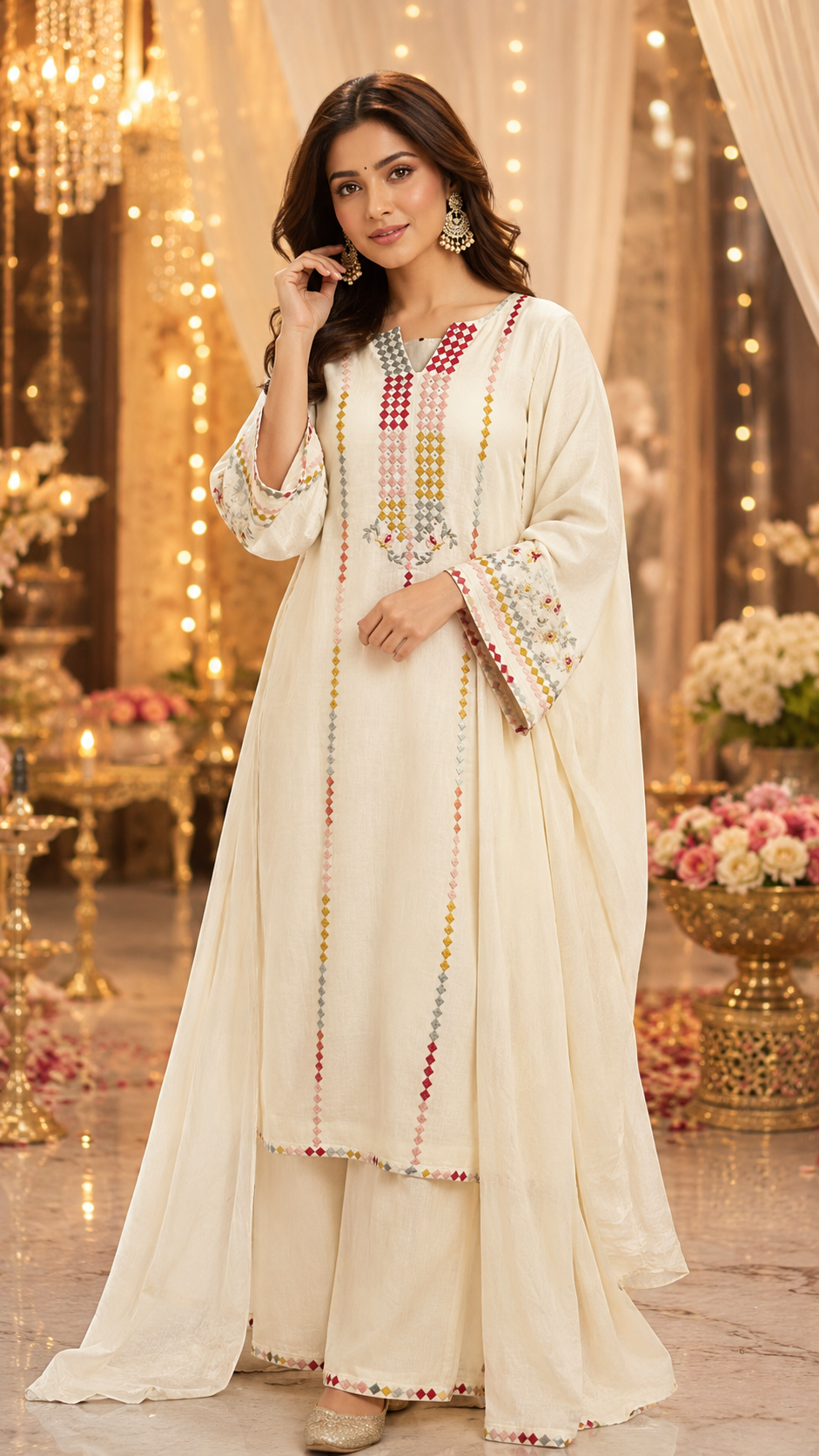 Premium Mul chanderi with pretty embroidery lining full suit in baby white