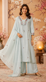 Premium silly cotton with real mirror ice blue suit set