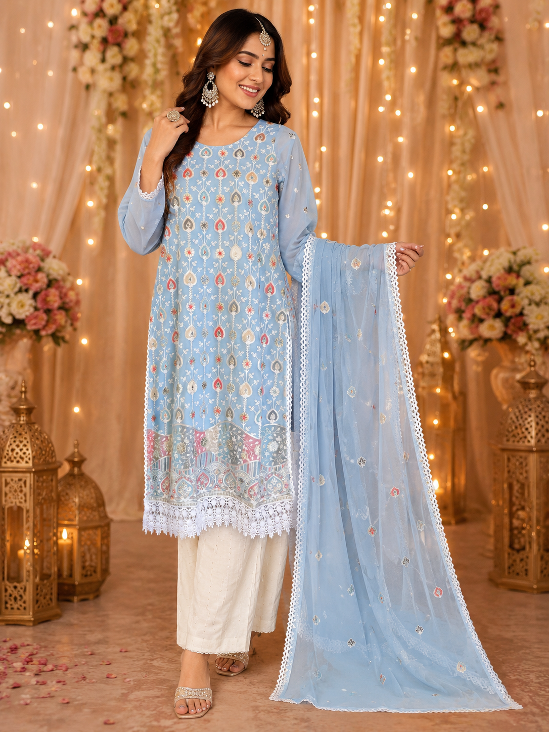 Semi georgette fully embroidered front n back suit set (slim fit)