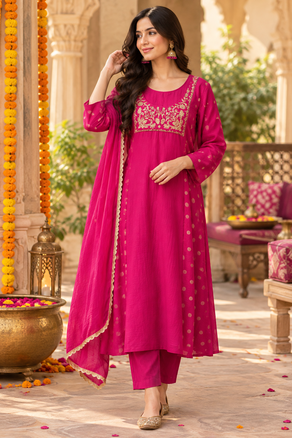 Premium mulchander with zari detailing full suit in Rani pink