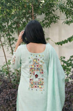 Beautiful cotton front n back embroidered suit set in blue