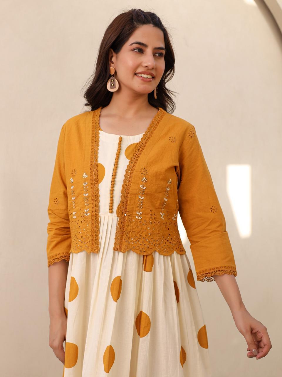 Pure cotton polka dot dress paired with beautiful embellished jacket