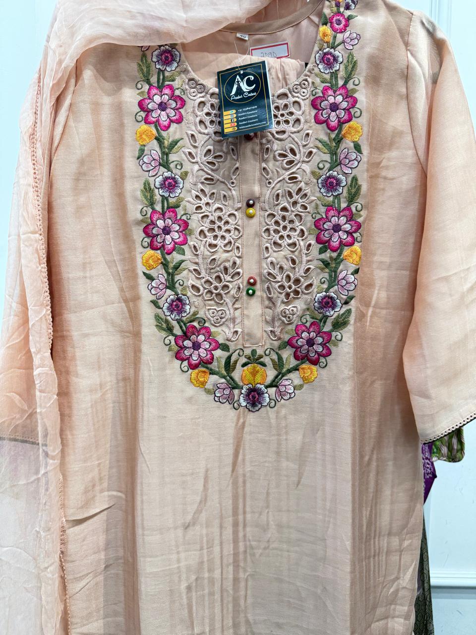 Dola silk beautiful neck design in peach