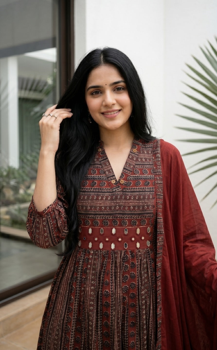 Super elegant ajrakh with real mirror designer cotton suit set