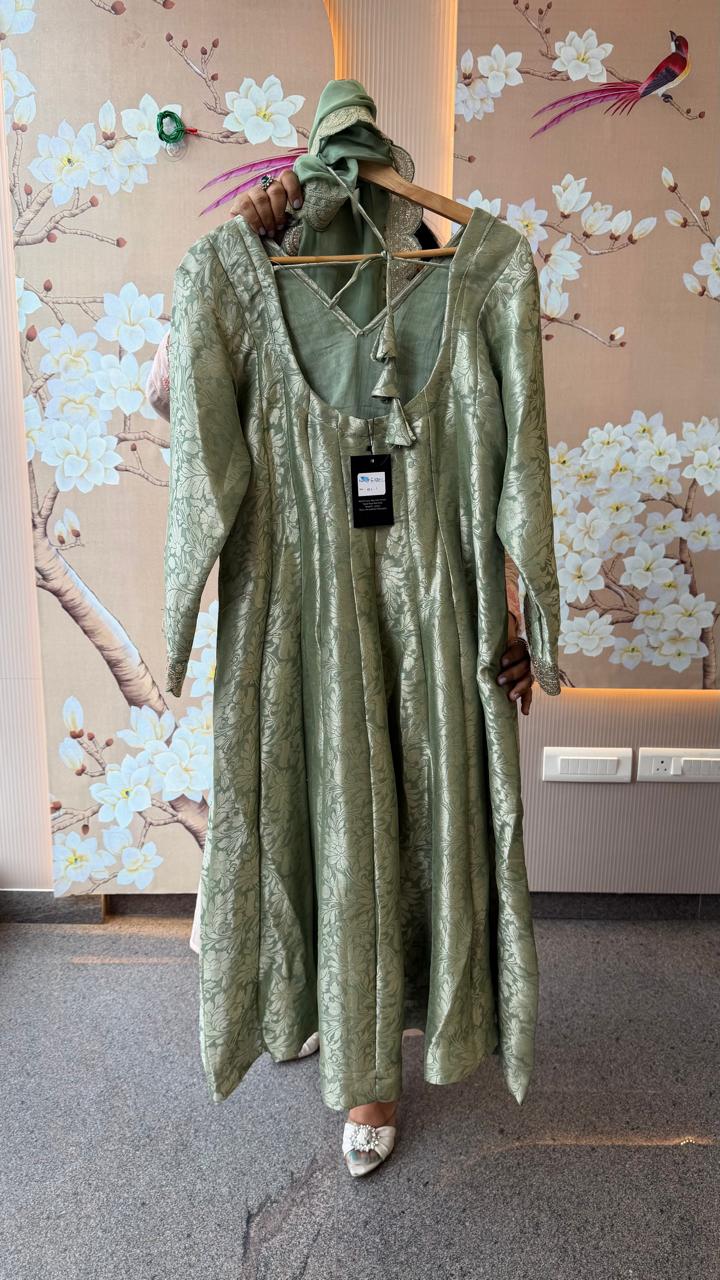 Designer back premium brocade Anarkali suit set in green