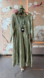 Designer back premium brocade Anarkali suit set in green