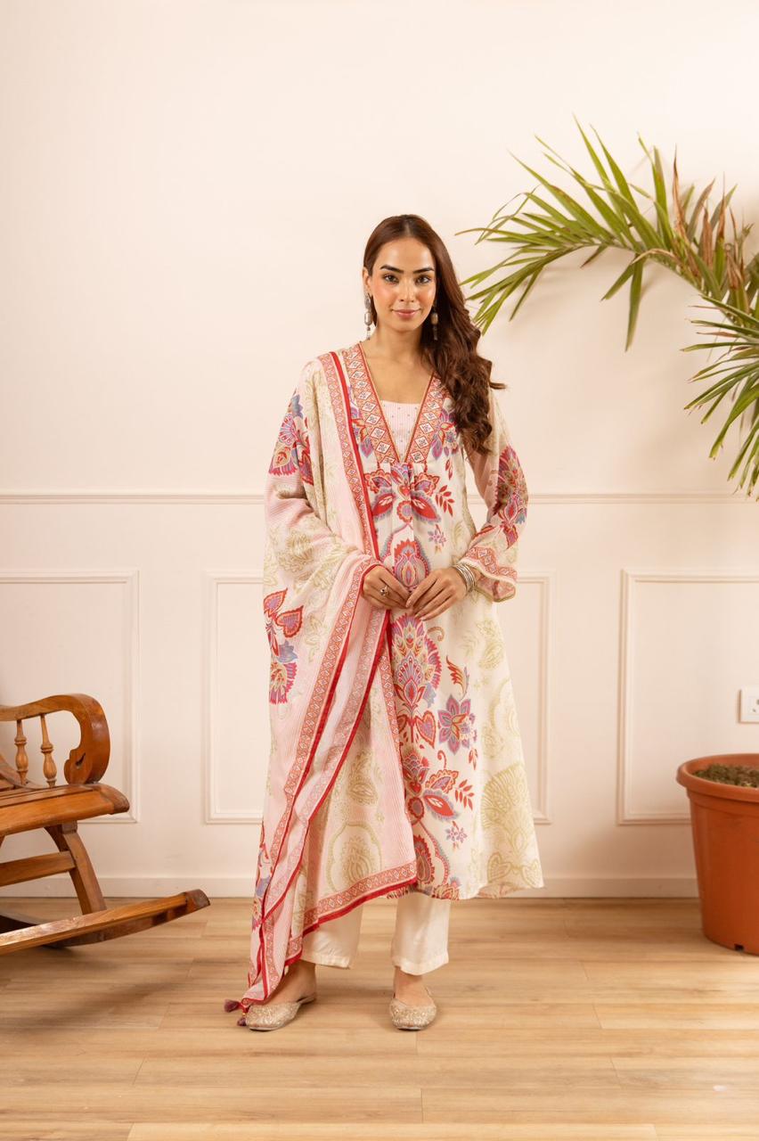 Mul digital printed V neck mul lining full set