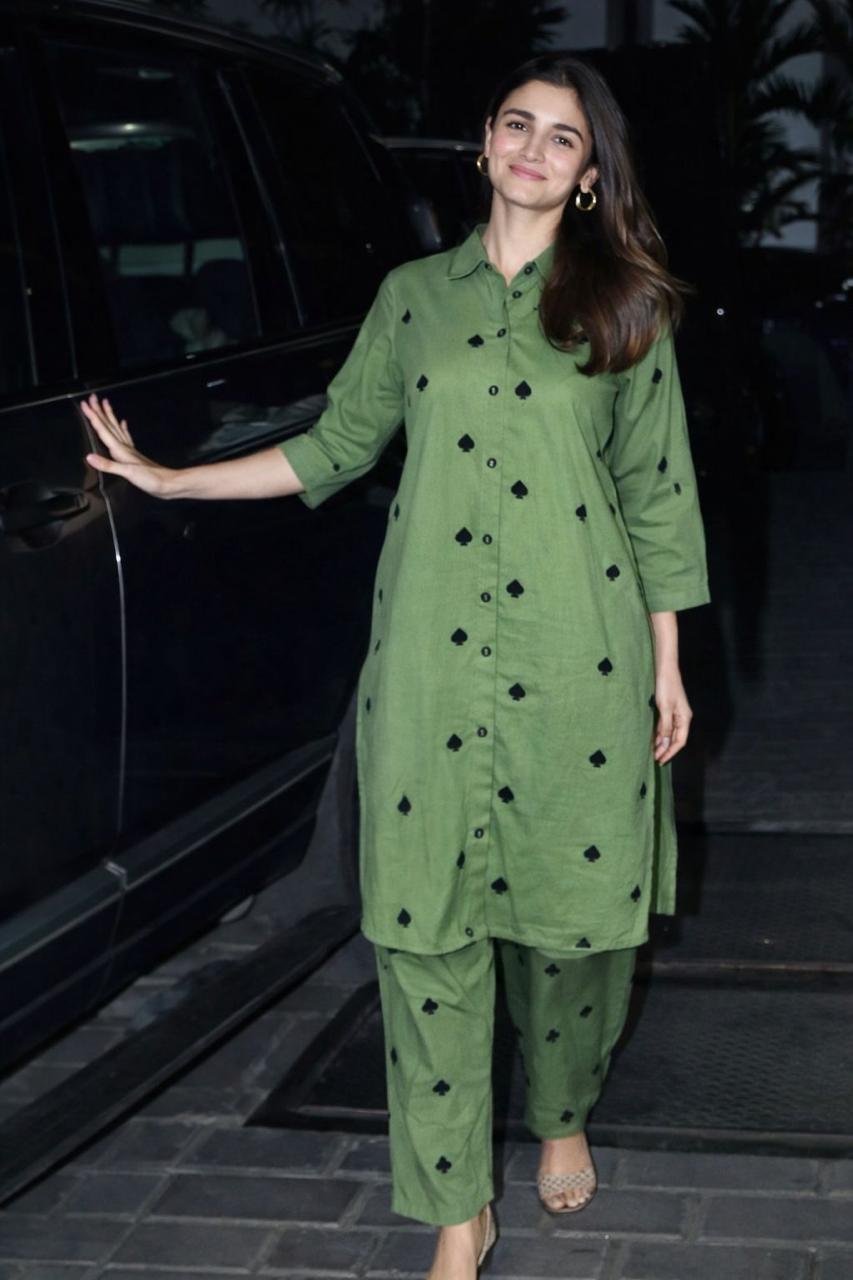 Pretty cotton designer embroidered co ord set in green