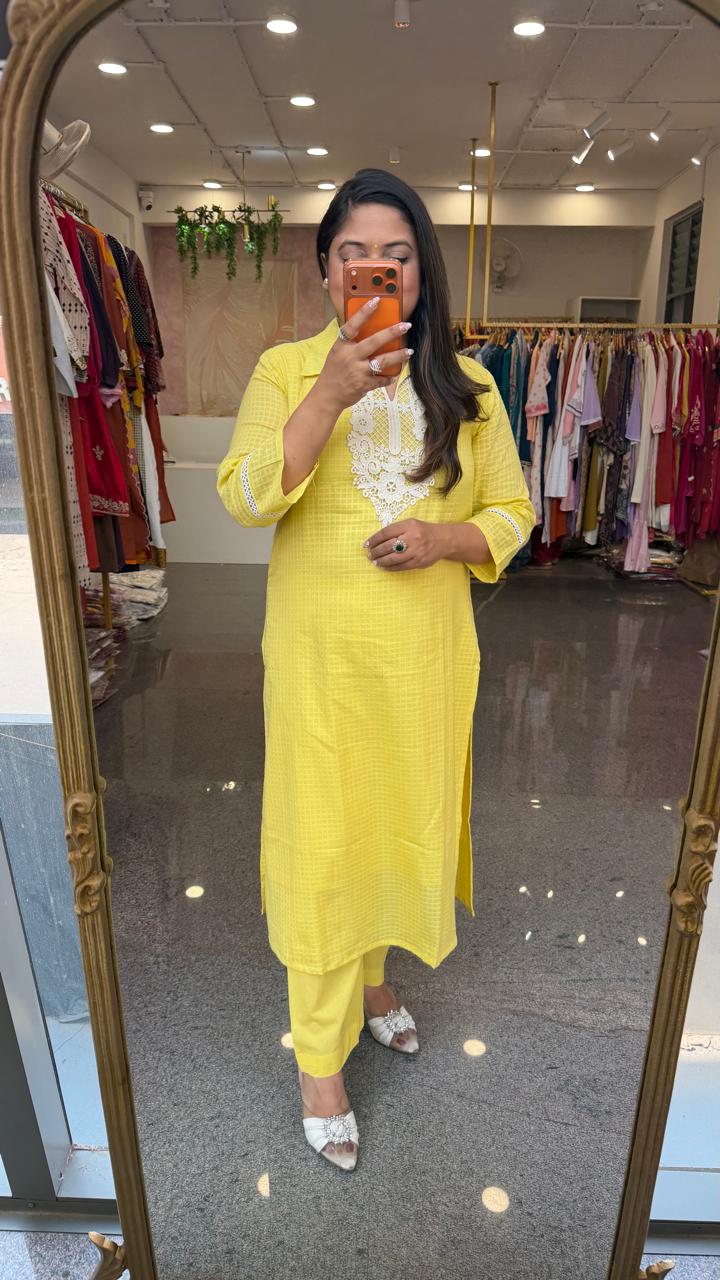 Wow premium textured cotton co ord set in yellow