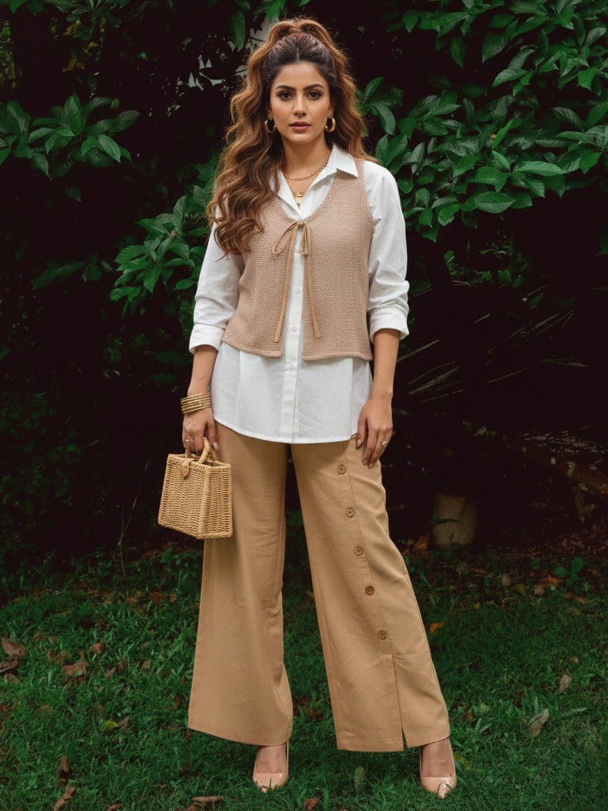 Premium cotton designer co ord set in brown paper with shrug