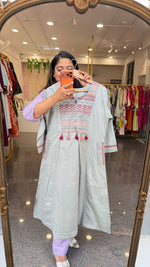 Pretty cotton katha stitch suit set paired with kalamkari dupatta