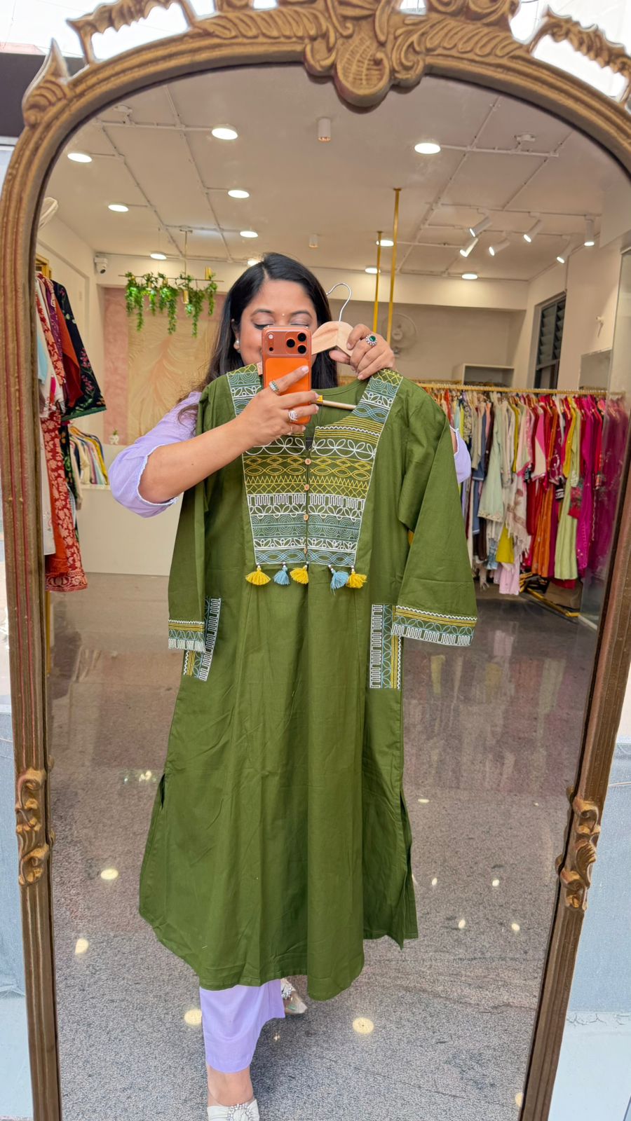Pretty cotton katha stitch suit set paired with kalamkari dupatta in green