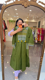 Pretty cotton katha stitch suit set paired with kalamkari dupatta in green