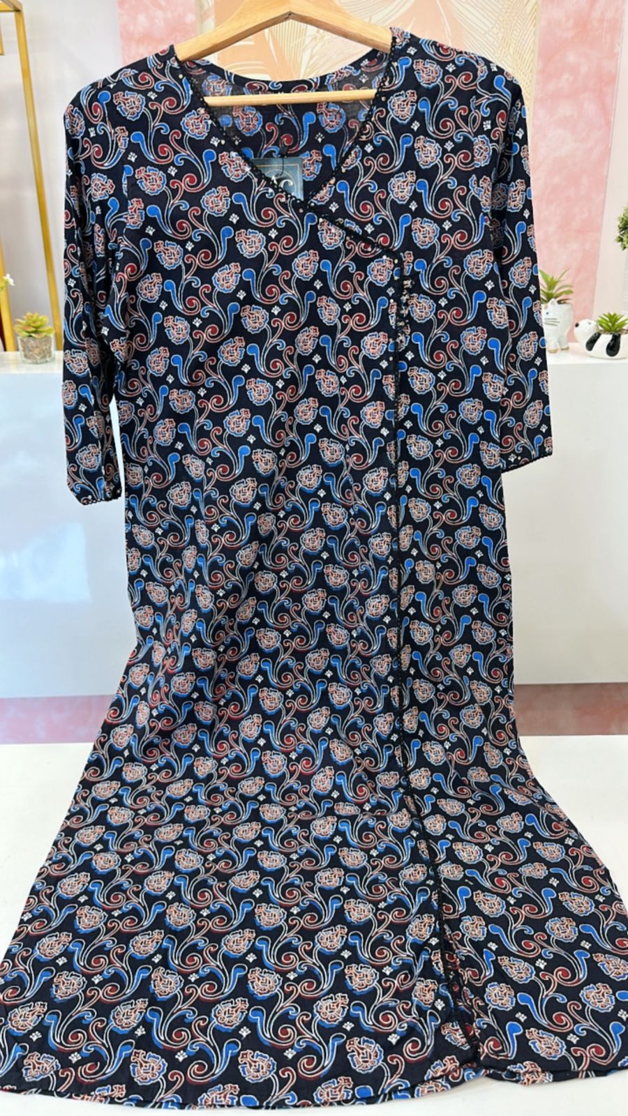 Blue black Angrakha cotton kurta