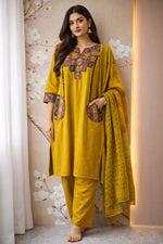 Smart cotton applique work suit set in yellow