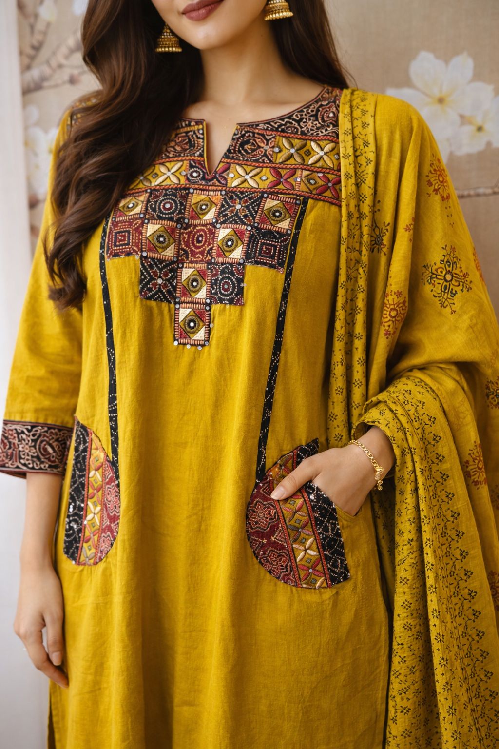 Smart cotton applique work suit set in yellow