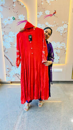 Pure chinon with beautiful handwork Anarkali suit set in rust