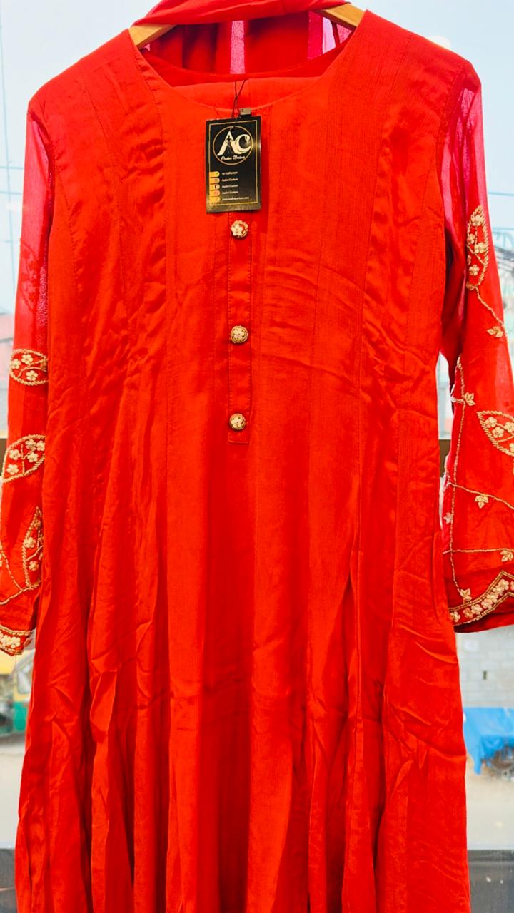 Pure chinon with beautiful handwork Anarkali suit set in rust