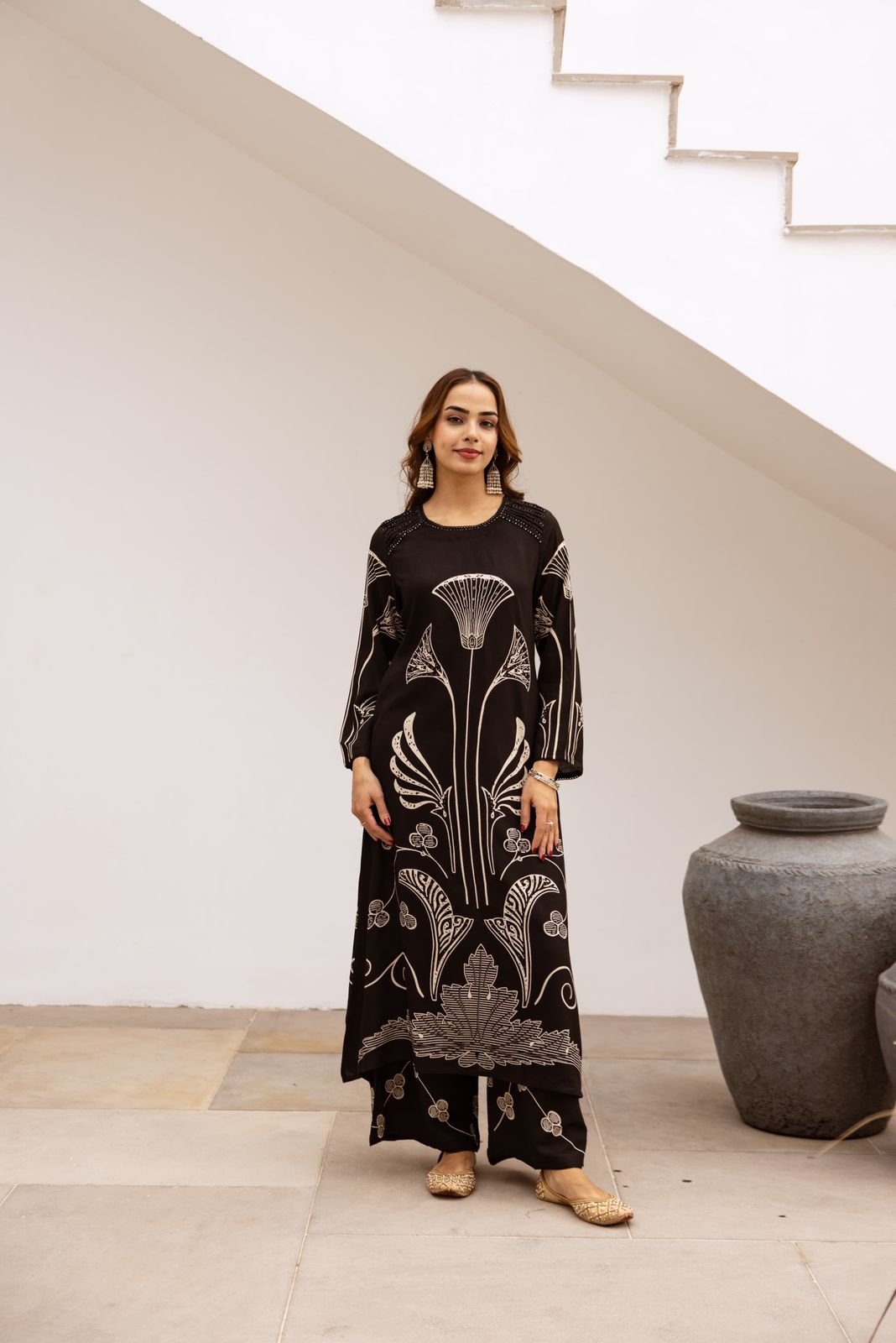 Heavy rayon printed palazzo set in yellow in black