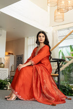 Russian silk with hand work on yoke and beautiful shimmer dupatta