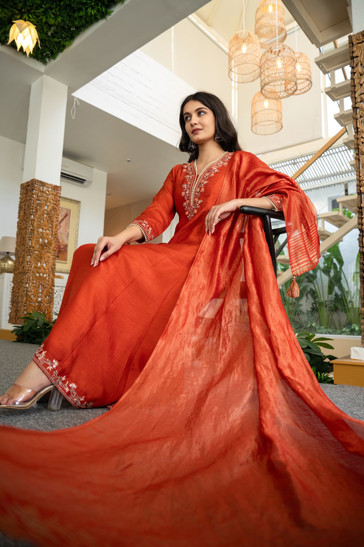 Russian silk with hand work on yoke and beautiful shimmer dupatta