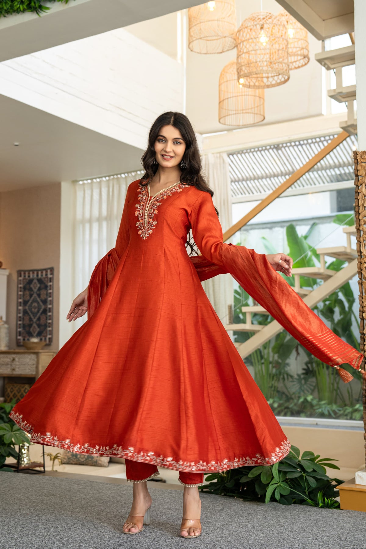 Russian silk with hand work on yoke and beautiful shimmer dupatta