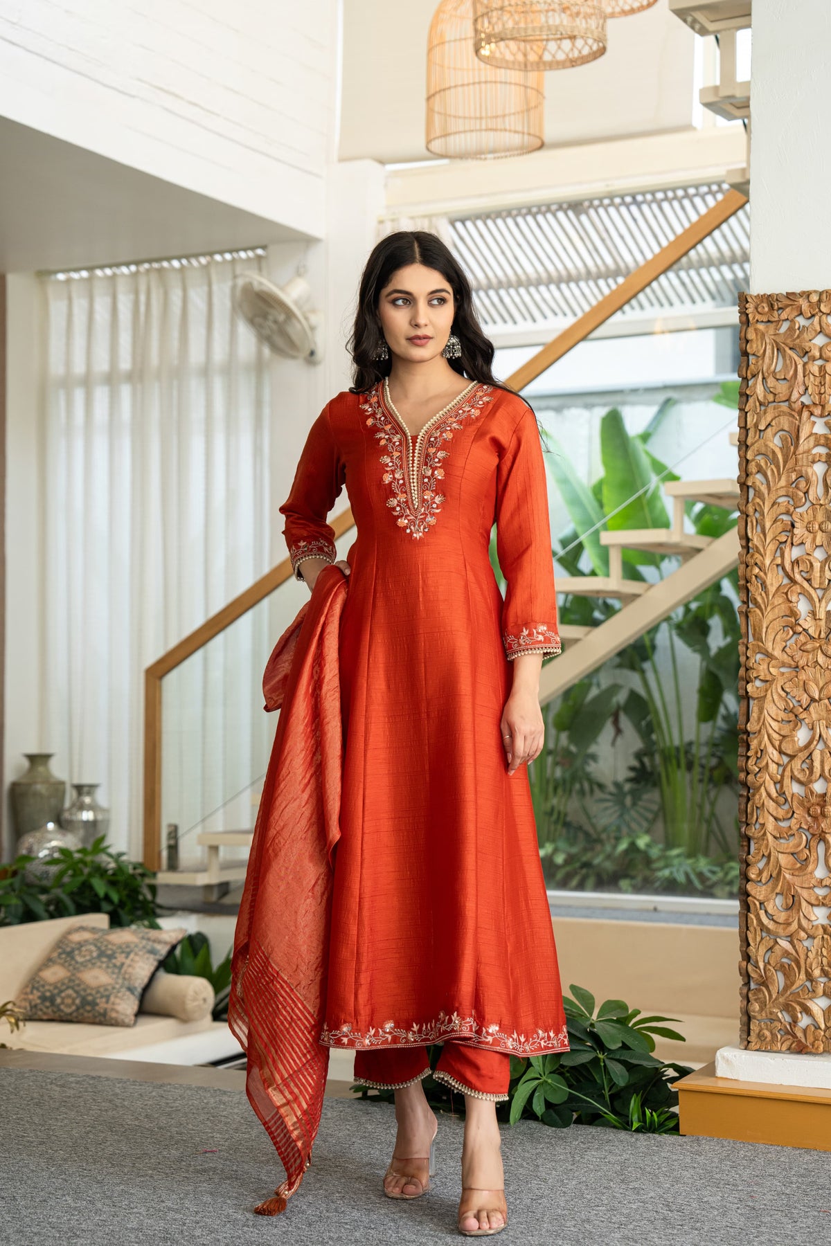 Russian silk with hand work on yoke and beautiful shimmer dupatta