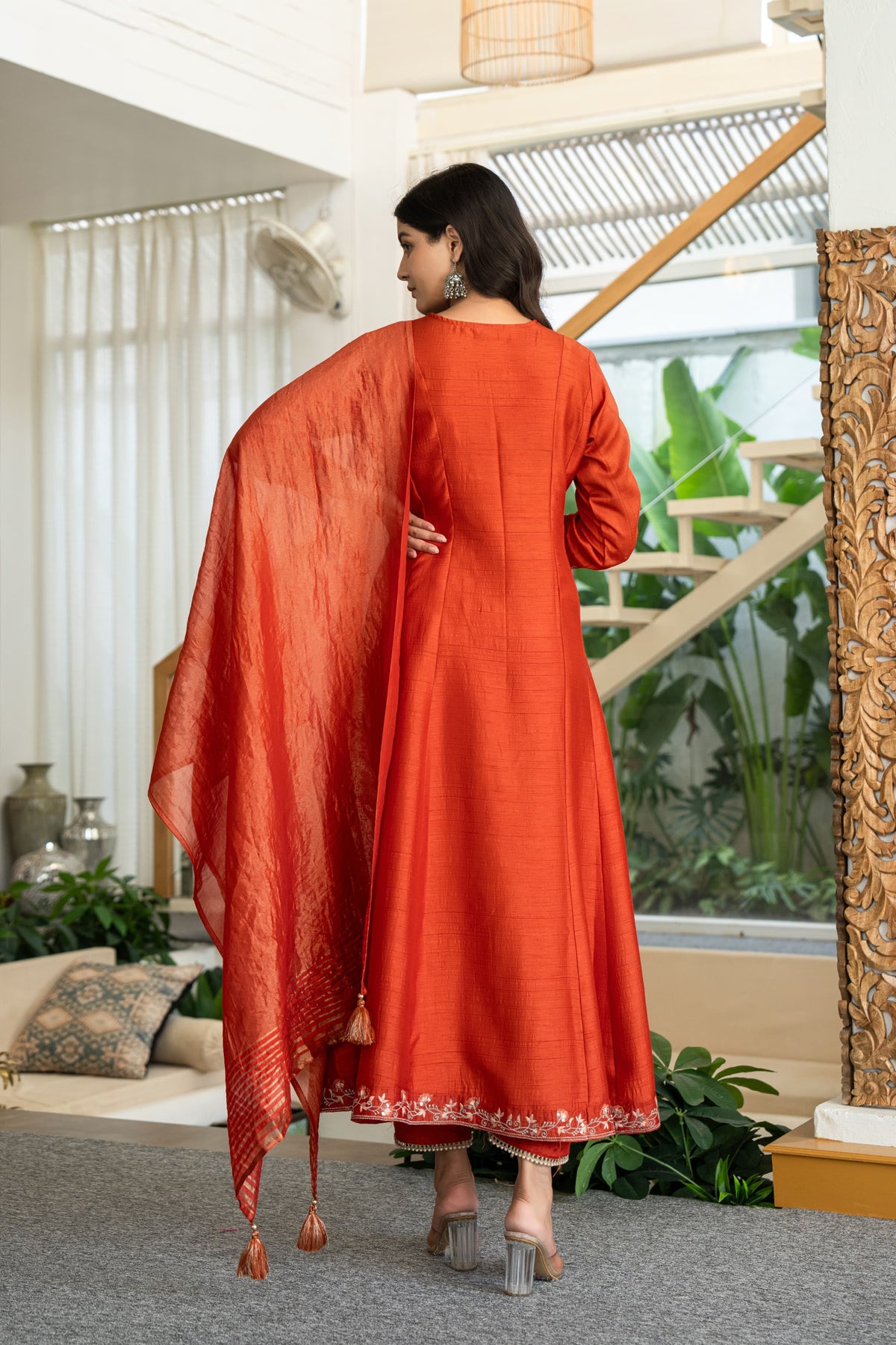 Russian silk with hand work on yoke and beautiful shimmer dupatta