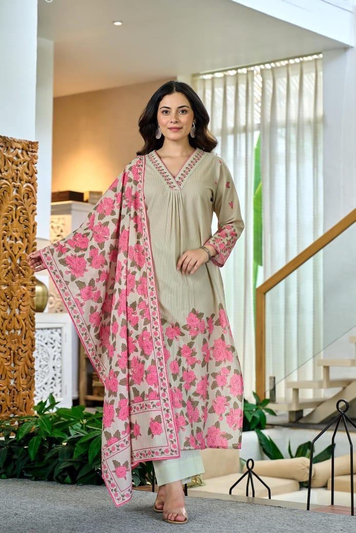 Beautiful cotton mint green digital printed suit set