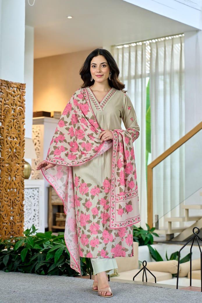 Beautiful cotton mint green digital printed suit set