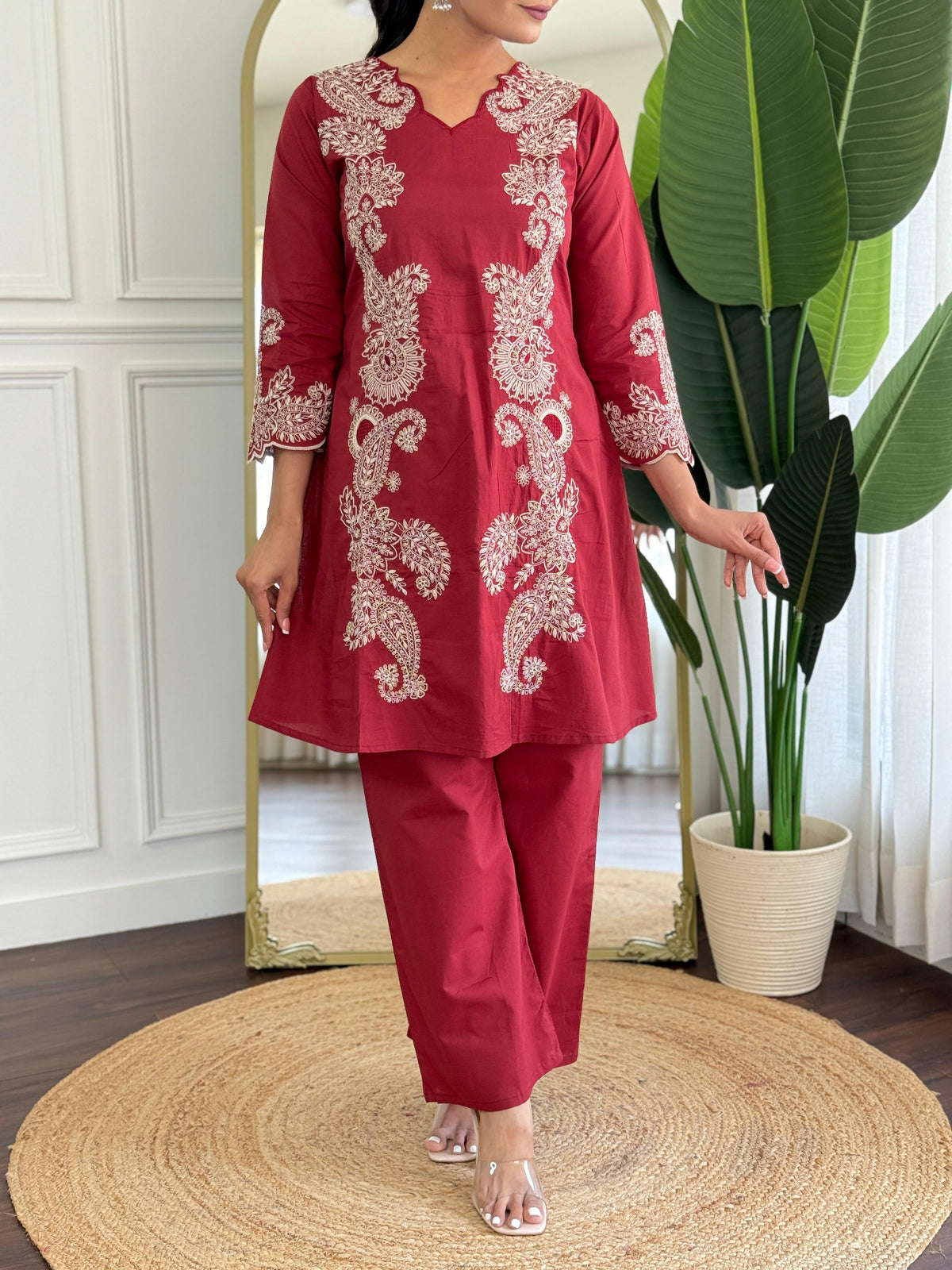 Best selling embroidered cotton co ord set in red