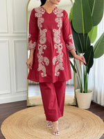 Best selling embroidered cotton co ord set in red