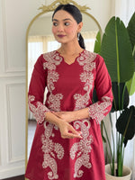 Best selling embroidered cotton co ord set in red