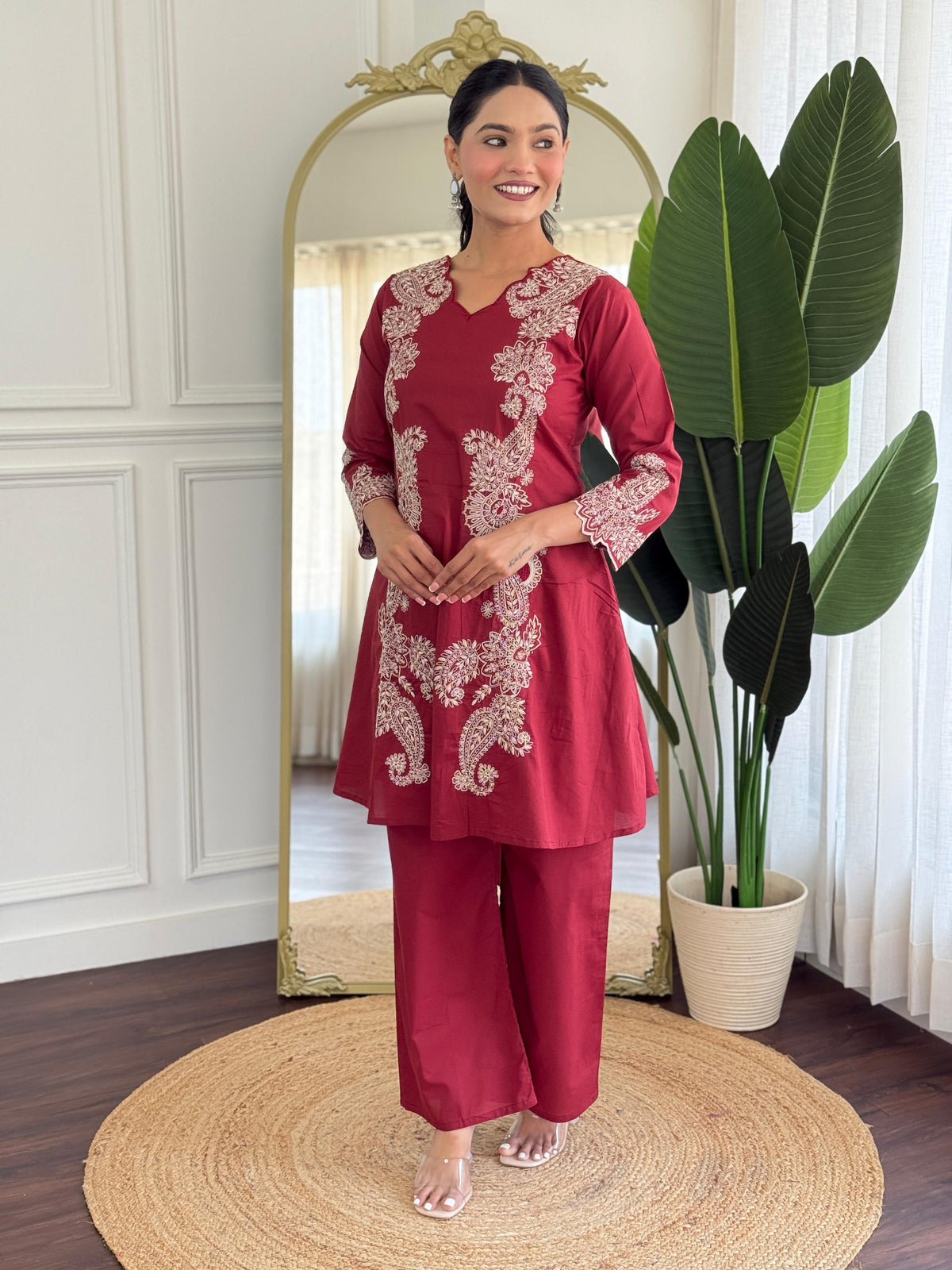 Best selling embroidered cotton co ord set in red