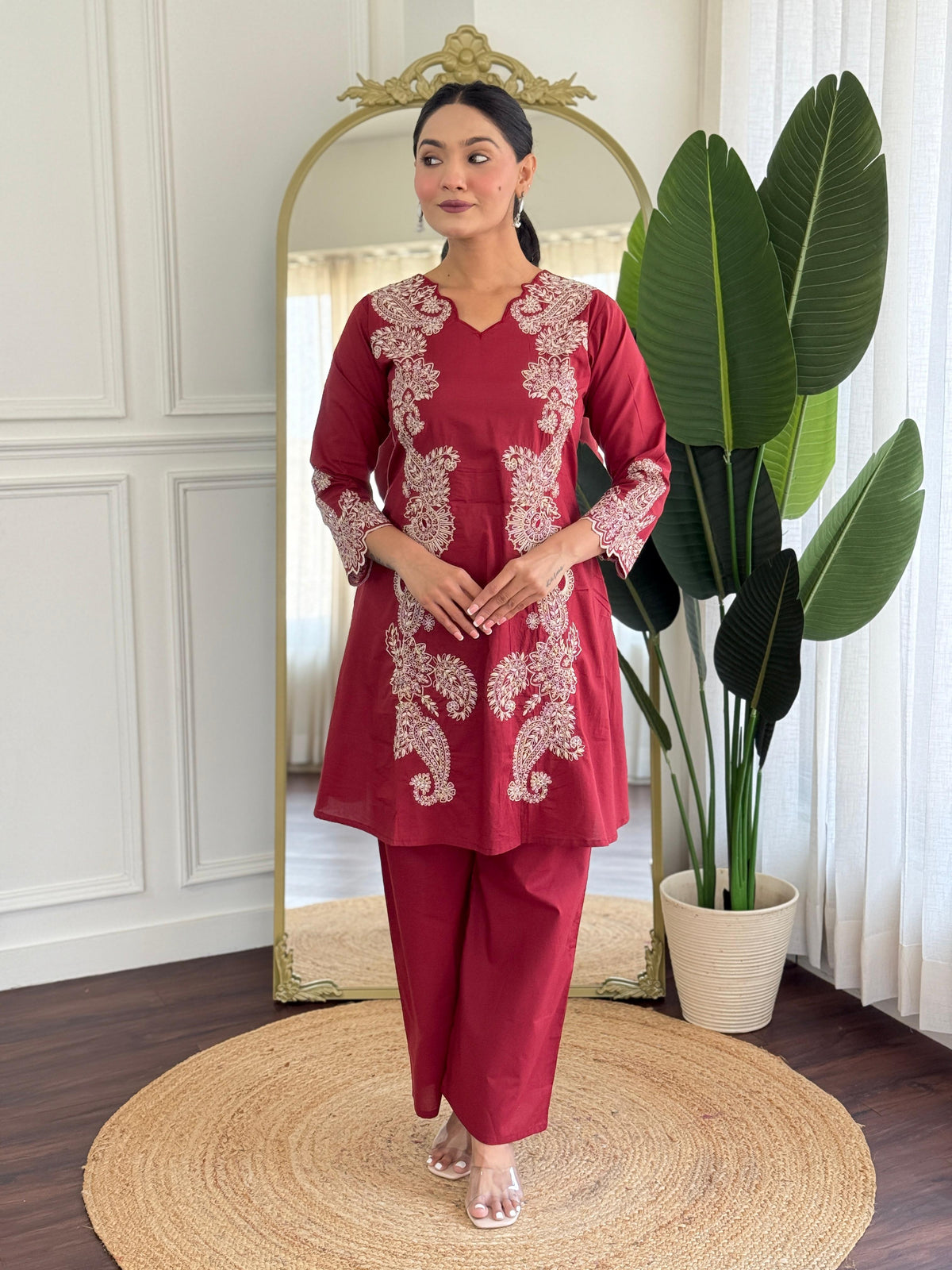 Best selling embroidered cotton co ord set in red