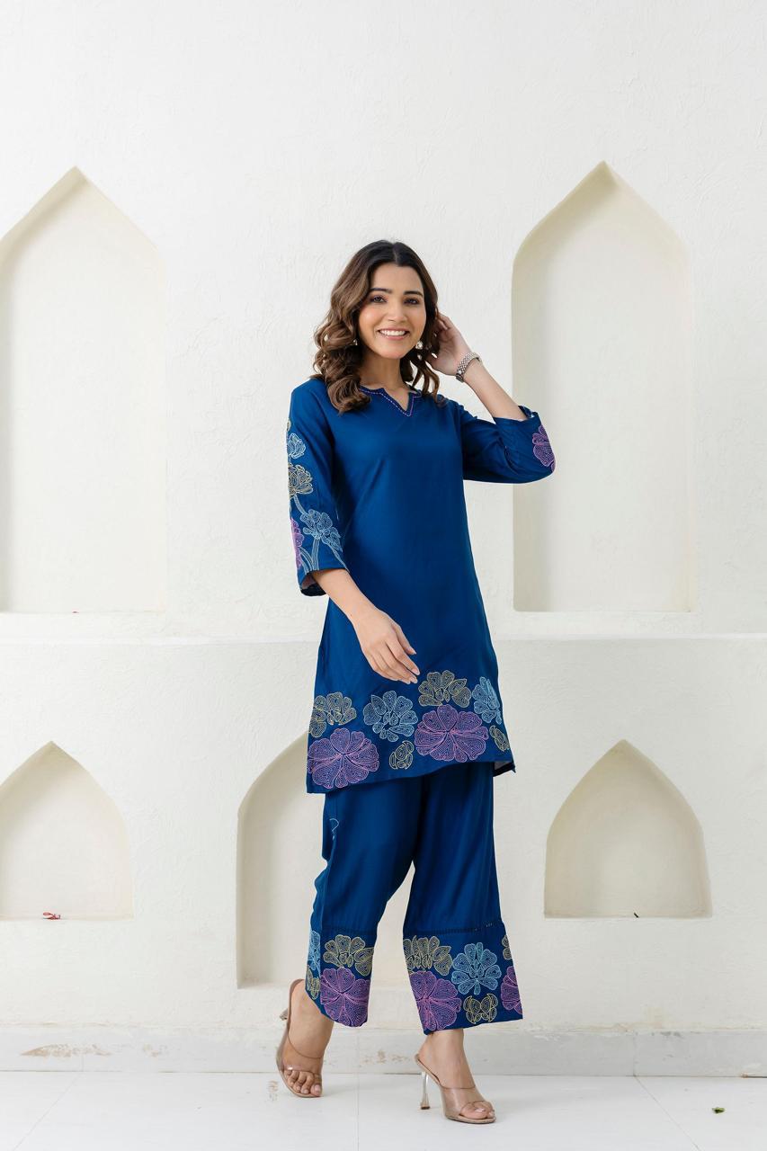 Royal blue embroidered designer cotton co ord