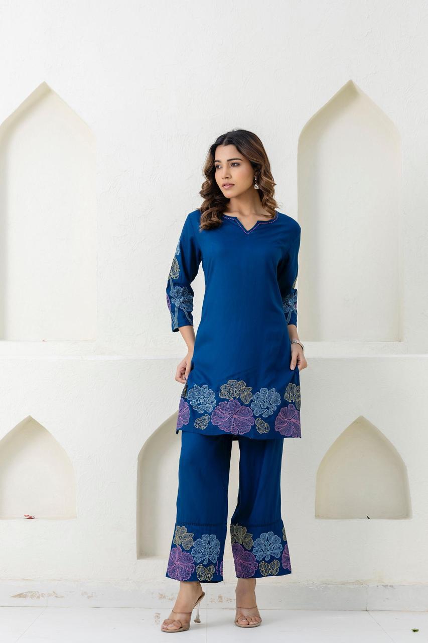 Royal blue embroidered designer cotton co ord