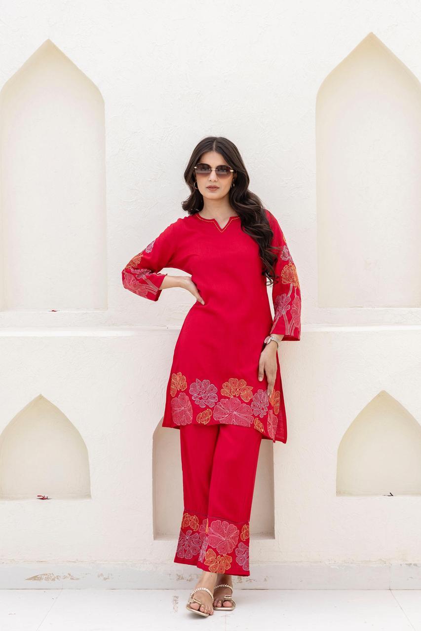 Red embroidered designer cotton co ord
