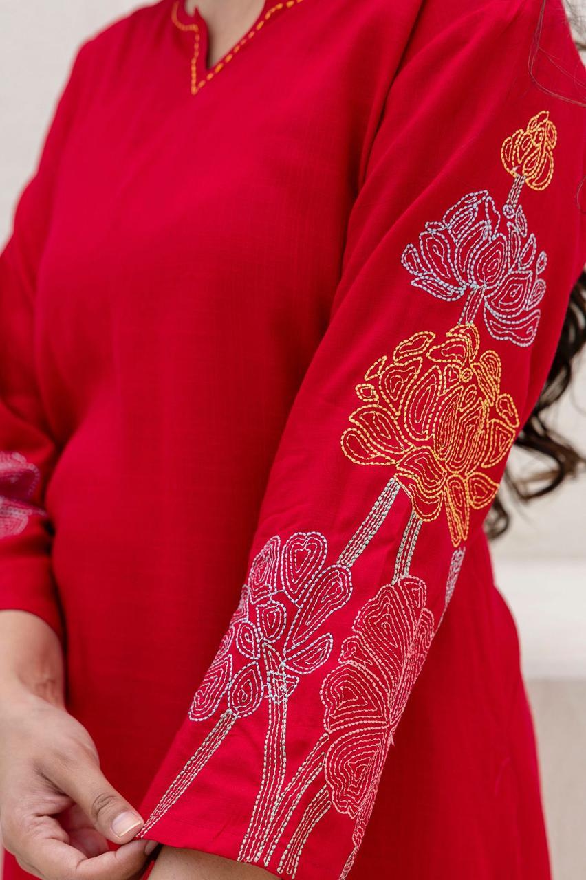 Red embroidered designer cotton co ord