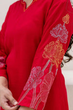Red embroidered designer cotton co ord