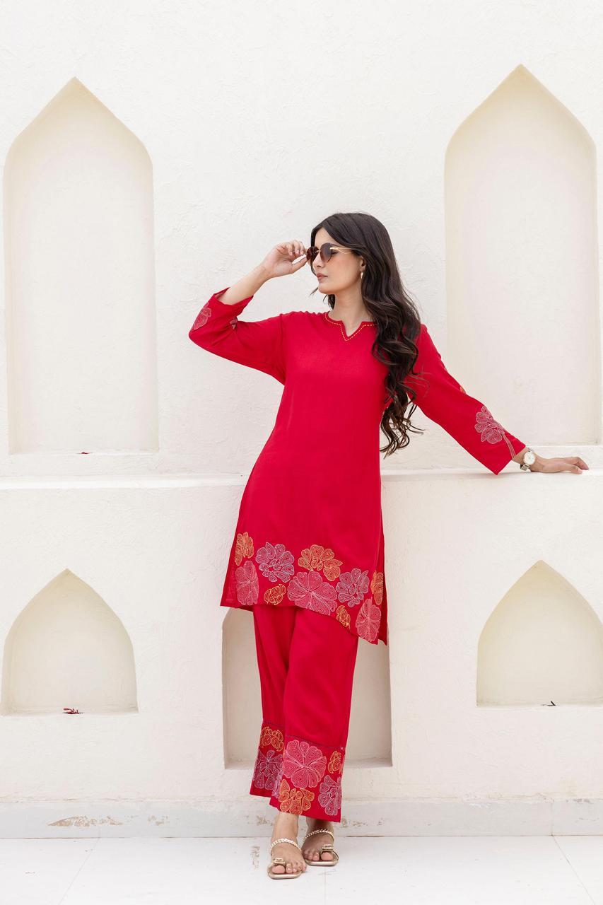 Red embroidered designer cotton co ord