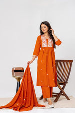 Trending embroidered rust cotton full suit set