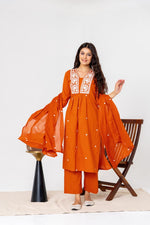 Trending embroidered rust cotton full suit set