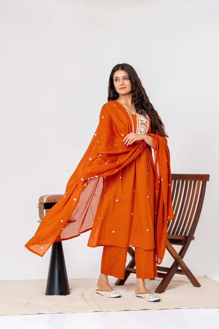 Trending embroidered rust cotton full suit set