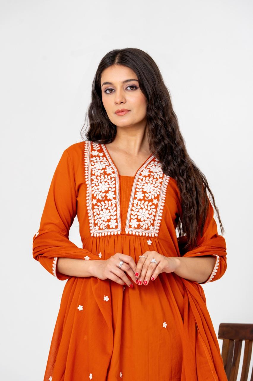 Trending embroidered rust cotton full suit set